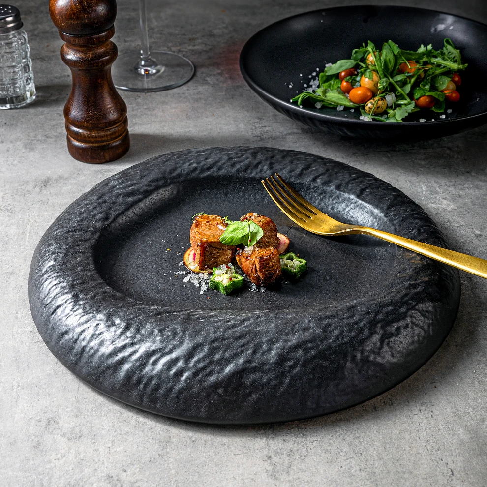 Hotel Restaurant Platos Japan Rock Dinnerware Handmade Pottery Creative Dishes Black Porcelain Round Unique Plates Crockery Dish
