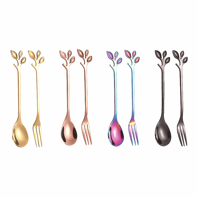 Stainless steel mike spoon Ice cream dessert spoon fork Leaf shape Coffee spoon with colorful