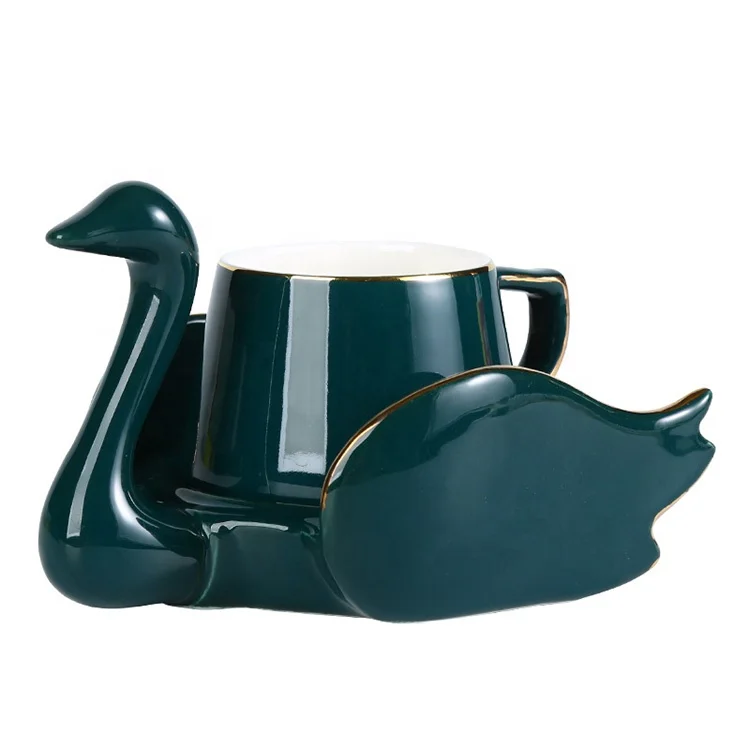Creative swan ceramic tea cup and saucer green white black coffee cup with saucer set