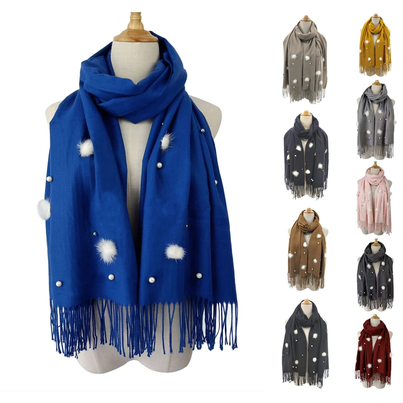 
Wholesale fashion female solid color imitated cashmere scarf with fashion pom poms pearls and tassel long scarf 