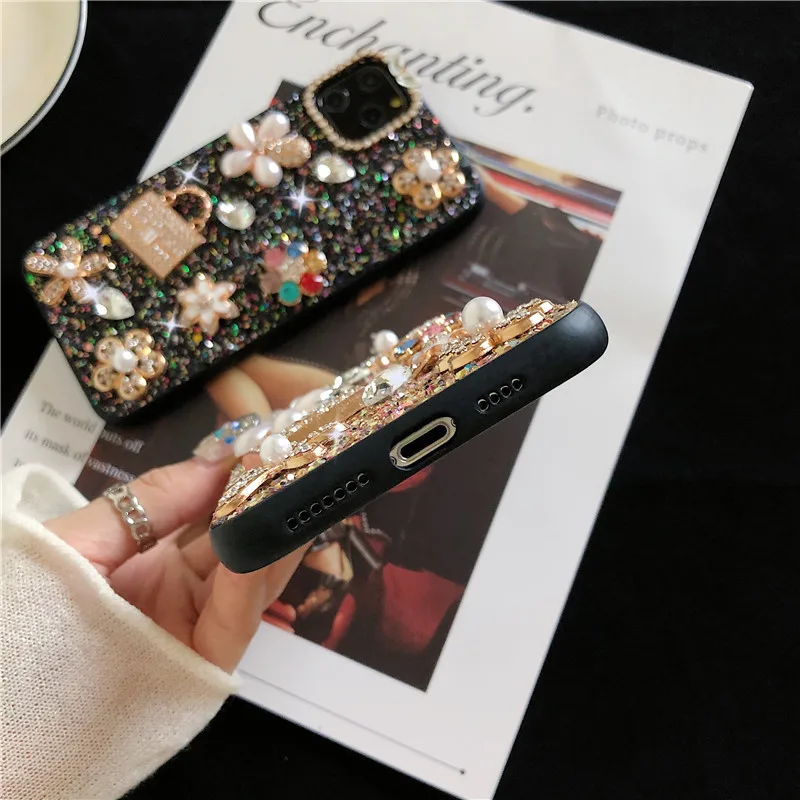 Luxury Women Bag Bling Glitter Sunflower Pearl Diamond Phone Cases For iphone 14 13 Pro Xs Max 12 11 XR 7 8 Plus Soft TPU Cover