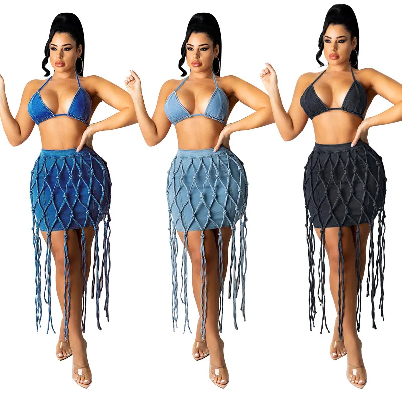 RBX New Streetwear Two Pieces Jeans Skirt And Backless Bra Top Denim Hand Knotted Tassels Summer Outfits Sexy Women Skirt Set