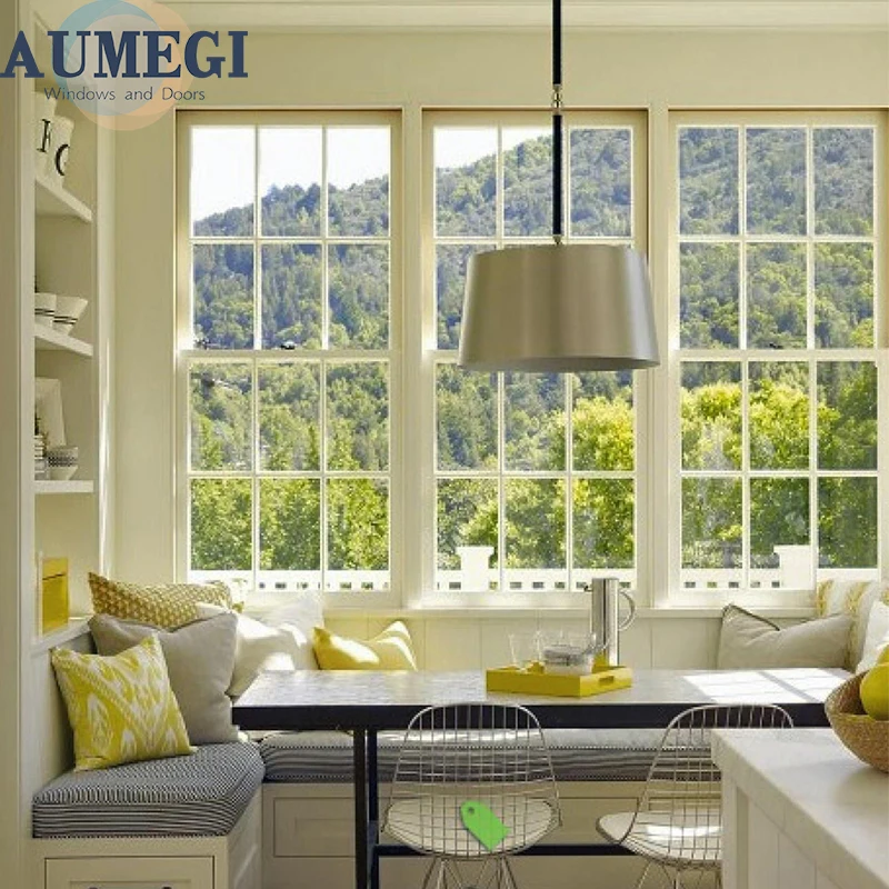 Aumegi Custom Broken Bridge Aluminum Hung Window  With Insect Screen Vertical Sliding Grill Design Single Hung Window