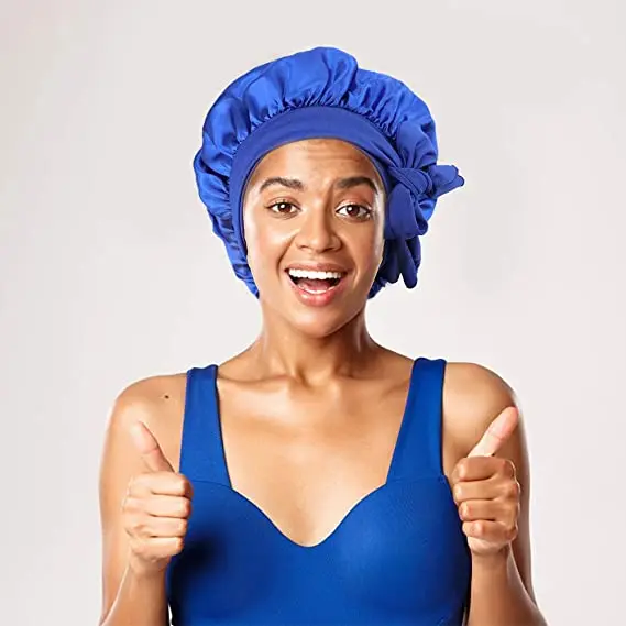 Big custom logo silky hair tie wrap sleeping hat en satin fashion silk adjustable women bonnets caps with drawstring for head