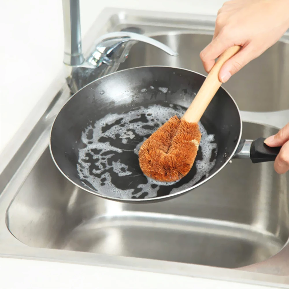 bamboo coconut fiber long handle kitchen tool pan pot kitchen cleaning washing brush coconut wooden dish brush