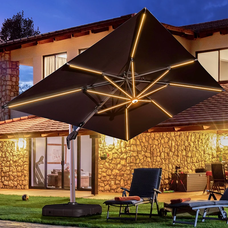 Outdoor  LED Patio Cantilever Umbrella Garden Restaurant Sun Solar Parasol With Lights