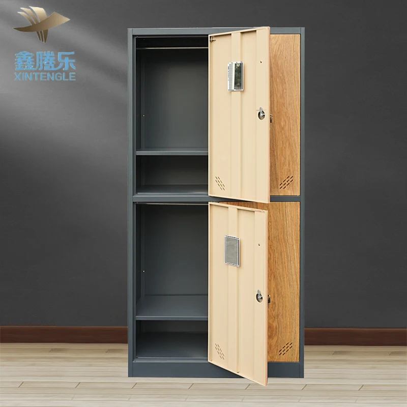 High Quality 4 Door Red Wood Grain Metal Locker Wardrobe Office Transfer Suitable Bedroom Storage Furniture for Home Use