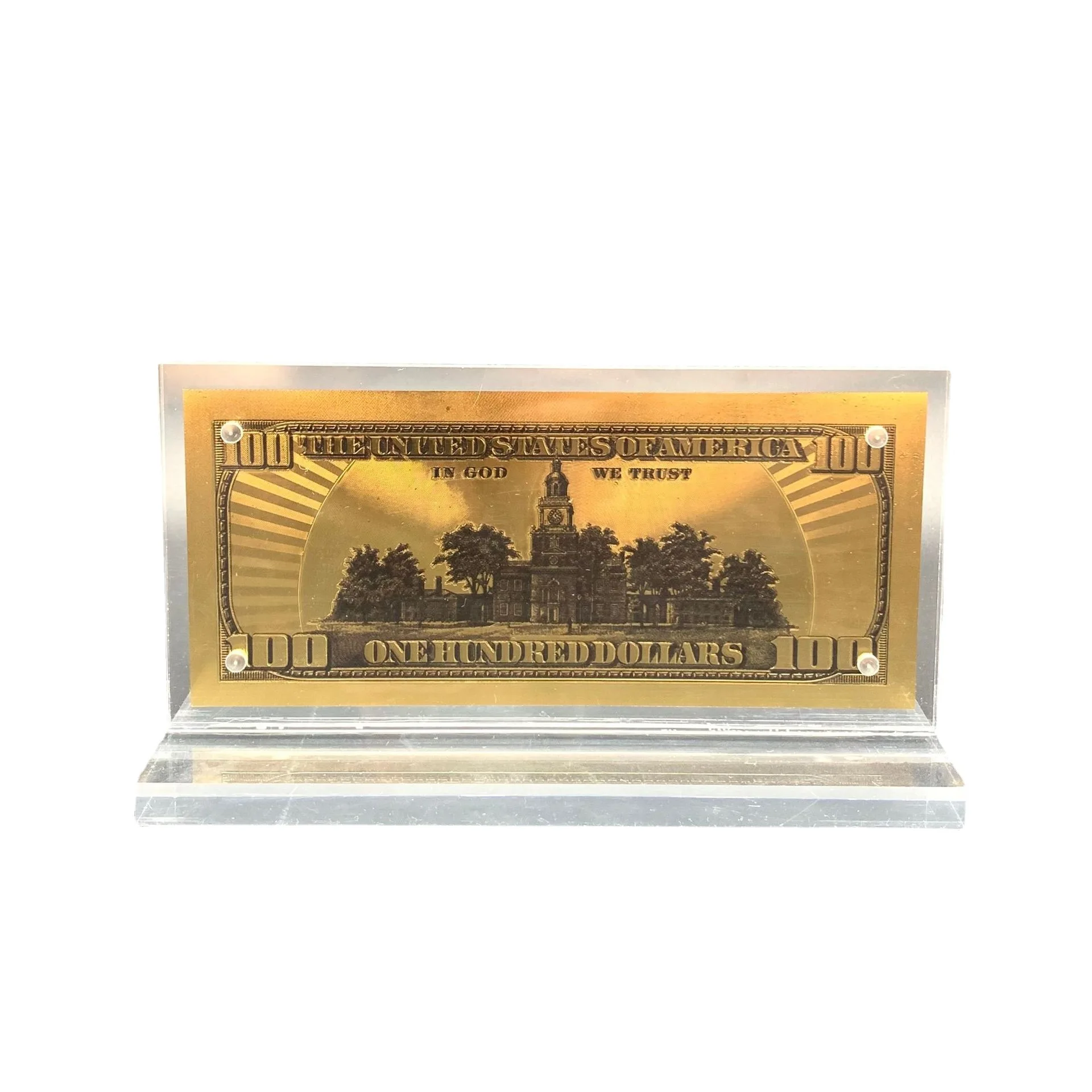 Factory customized acrylic gold foil banknotes display holder in T shape for US Dollar banknote souvenir gift display
