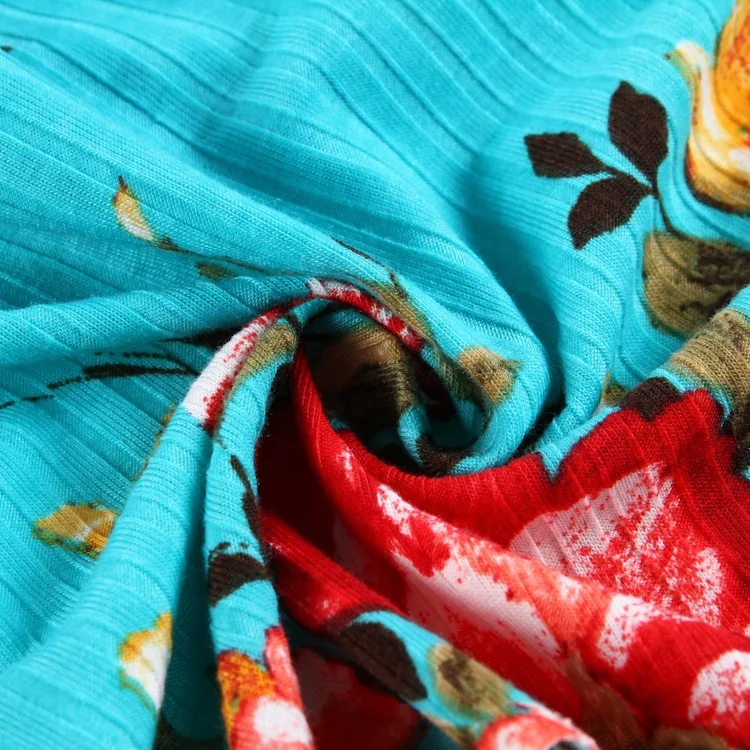 96% Polyester 4% spandex flower pattern rib knit custom printed rib stretch floral printed fabric for dress