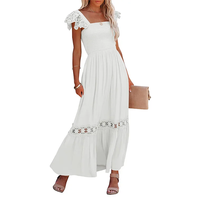 Womens Summer Boho Lace Strap Short Sleeve Square Neck Ruffle A Line Flowy Beach Long Maxi Dress with Pockets