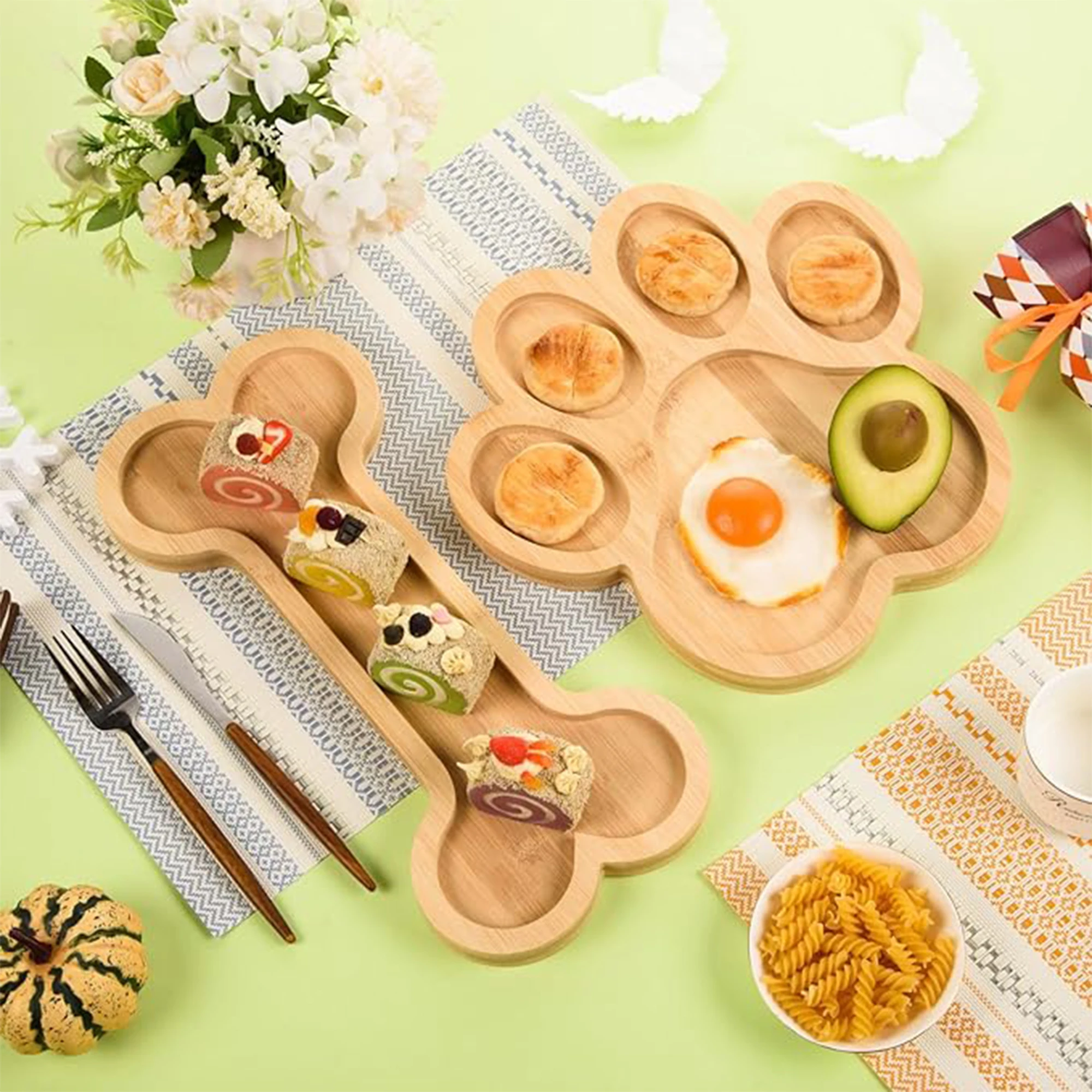 2 Pcs Bamboo Dog Bone Shape Food Tray Baby Bamboo Plate Set Snack Feeding Plates Set For Party Children