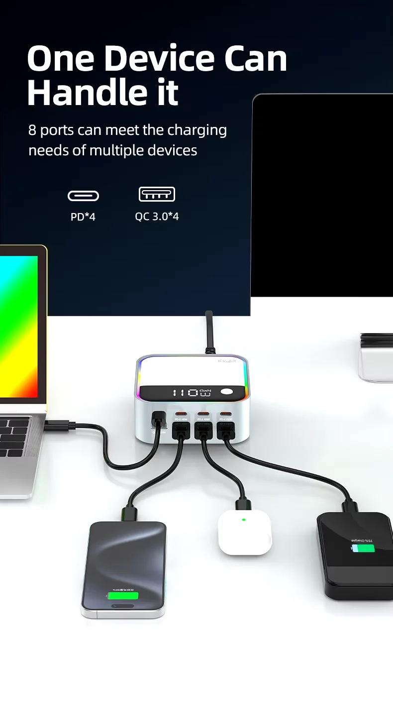 120W GaN 8 Port USB C Charger Block  Charging Station Hub USB C Wall Charger Power Strip Adapter Plug for iPad iPhone 16 15