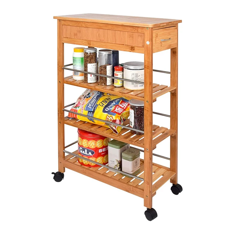 4-Tier Slimline Bamboo Kitchen Islands Storage Trolley Cart Space Saving Kitchen Rack Trolley with Drawer Wheels