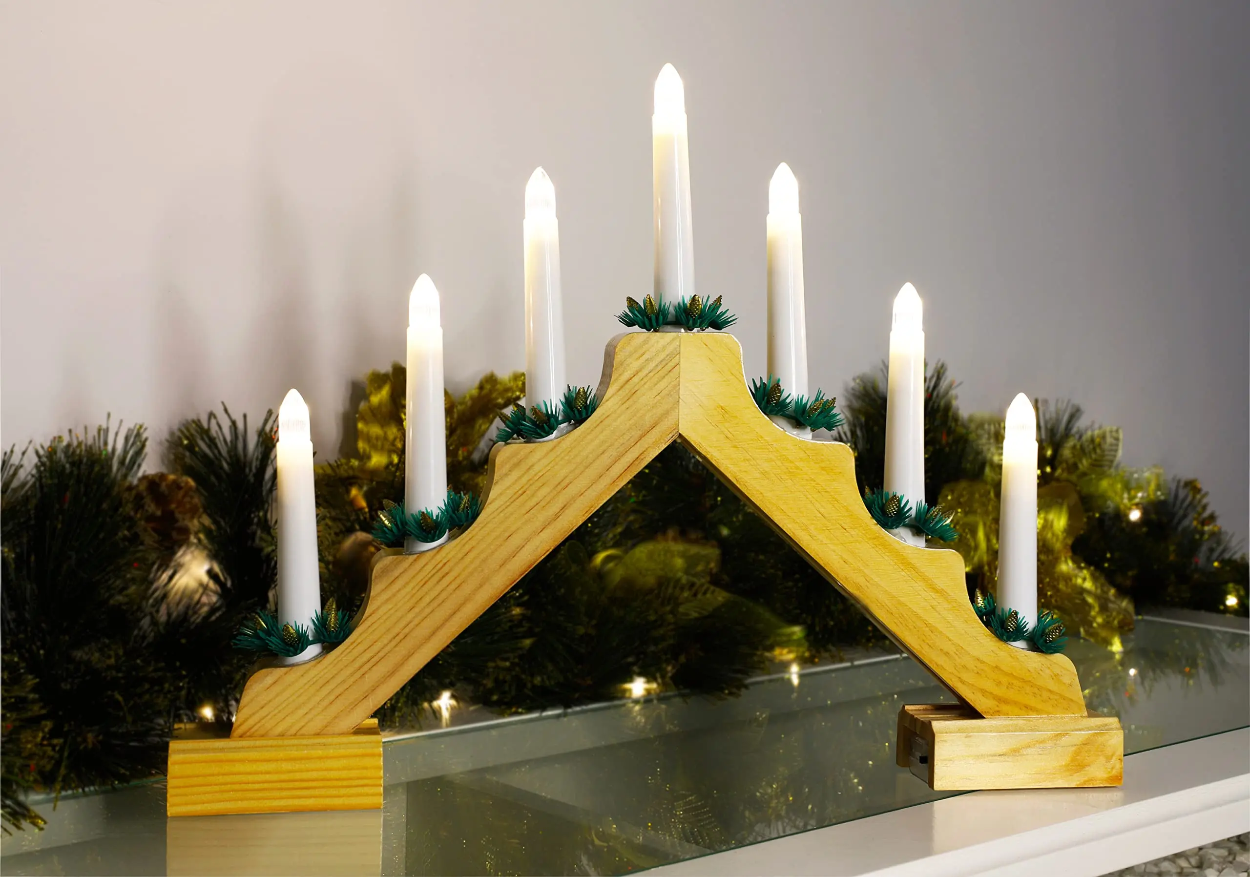 Battery Operated Low Voltage And Energy Efficient Christmas Wooden Candle Bridge with Warm White LED Lights