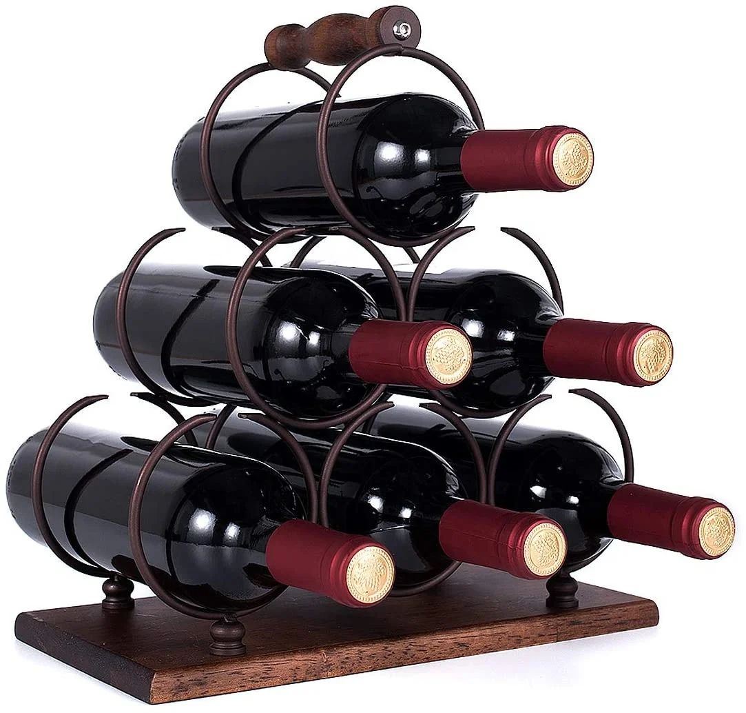 Wood Wine Rack Countertop 6 Bottles Wine Holder with Sturdy Wood Handle, Free Standing Wine Storage for Home Kitchen Pantry