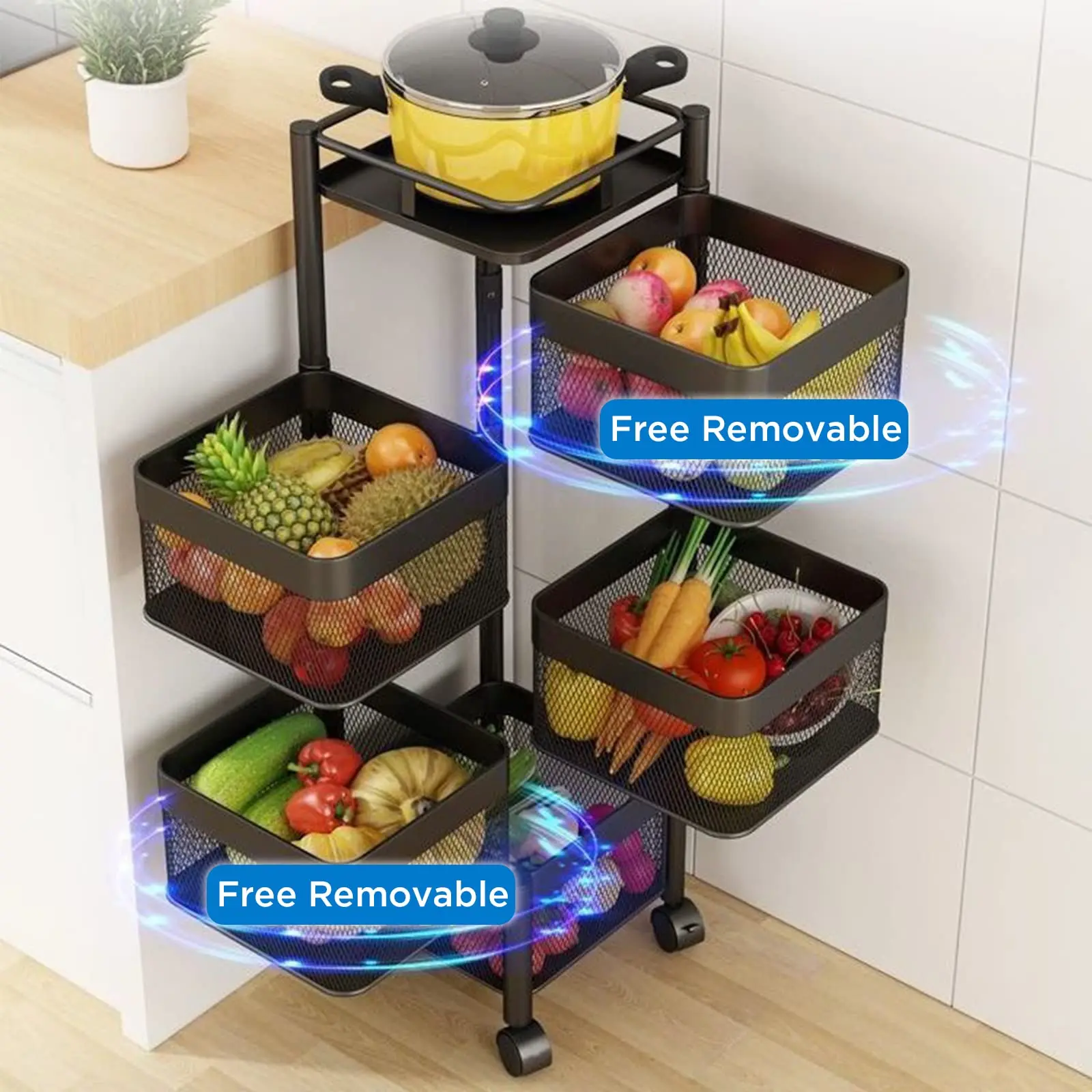 Kitchen Bathroom Rotating Fruit Vegetable Storage Basket 5 Tier Movable Square Storage Shelf Rack with Wheels