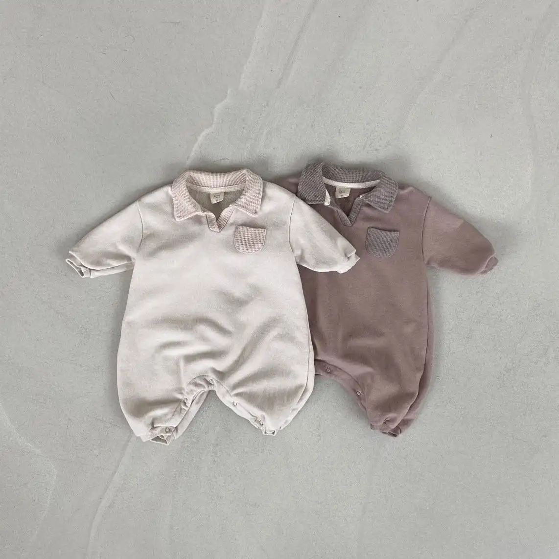 Baby Waffle Sleeve Pocket Romper 3-18m Beige newborn waffle knit baby romper velour preemie baby ruffle romper wholesale