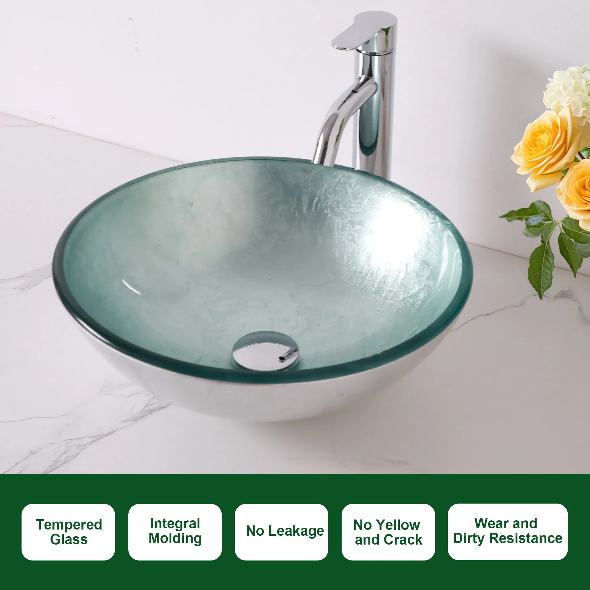 Glass Vessel Sinks Contemporary Round Basin Foil Covered Tempered Glass Bathroom Sink with Waterfall Faucet