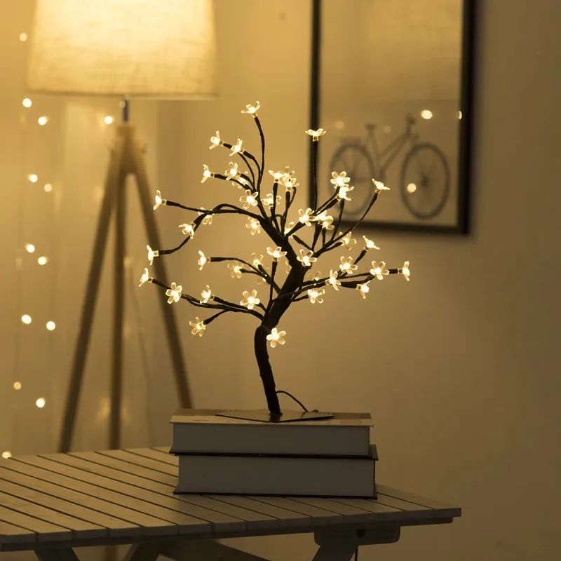 48 LED Cherry Blossom Lights Tree, Artificial Flower Bonsai Tree Table Top Lamp Home Centerpieces Christmas Gift Decoration