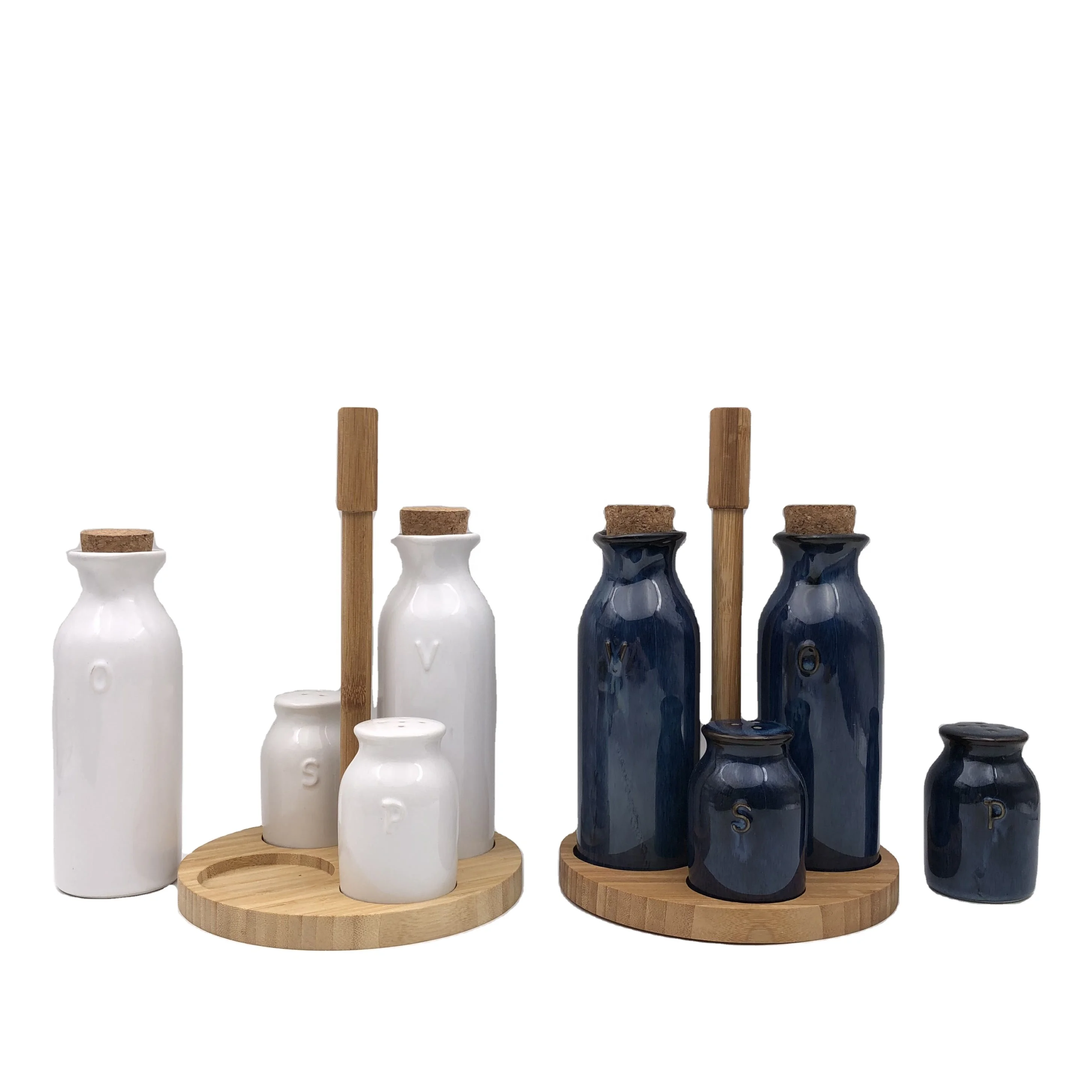 Good quality ceramic oil and vinegar set with bamboo tray