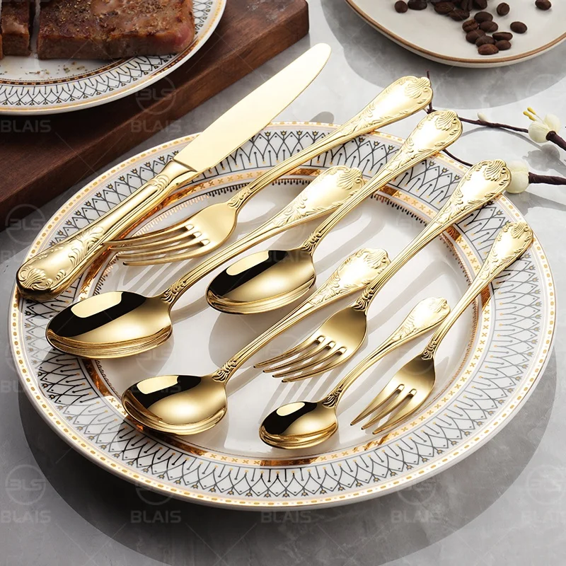 Fancy retro gold flatware set wedding bulk silverware high quality luxury metal golden plated 304 stainless steel 18/8 cutlery