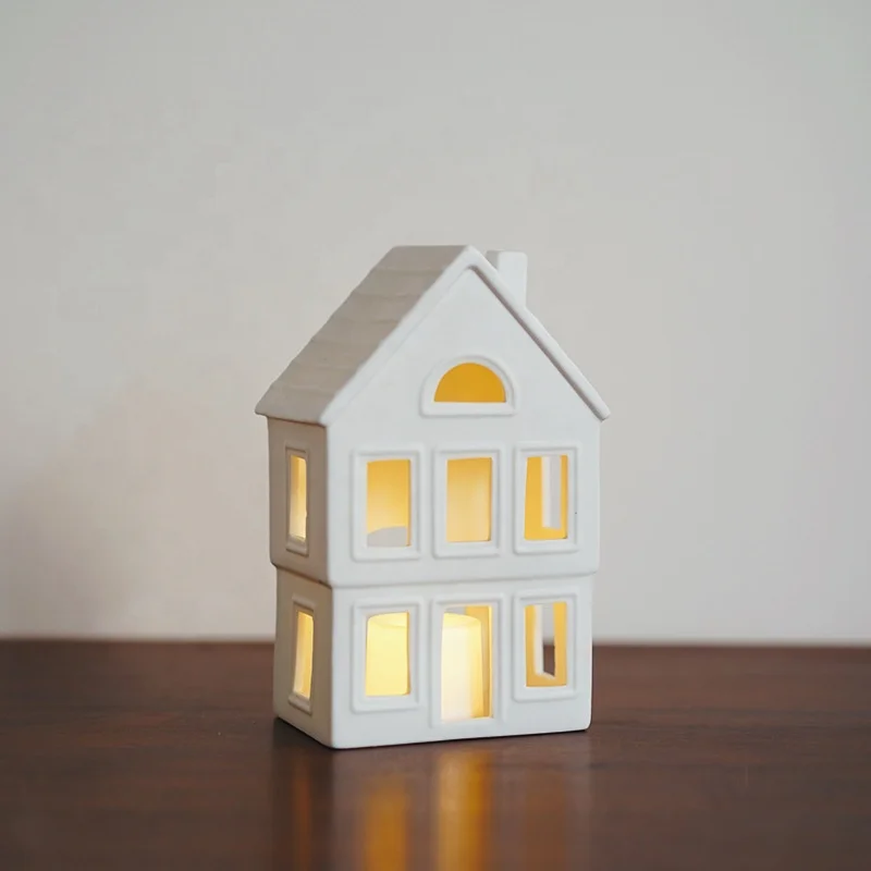 XINGYE Custom Desgin Christmas Fireplace Tabletop Ceramic House Tealight Holders Decorations White Cottage Lantern Ornament
