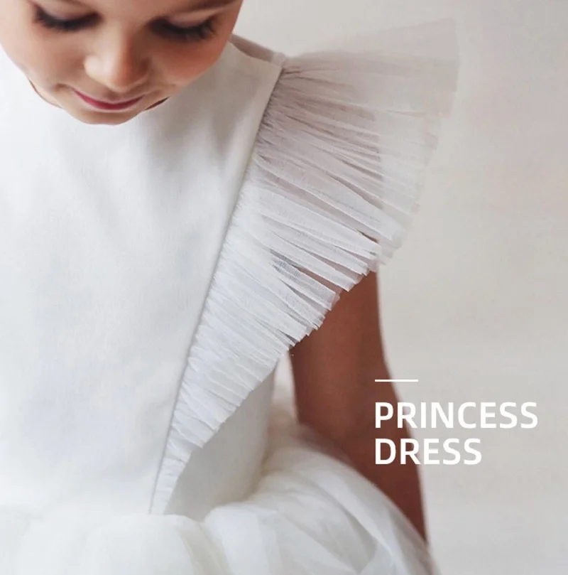 Baby Girl Princess Fly Sleeve Tutu Dress Infant Toddler Vintage Tulle Vestido Party Pageant Wedding Birthday Ball Gown 2-12Y