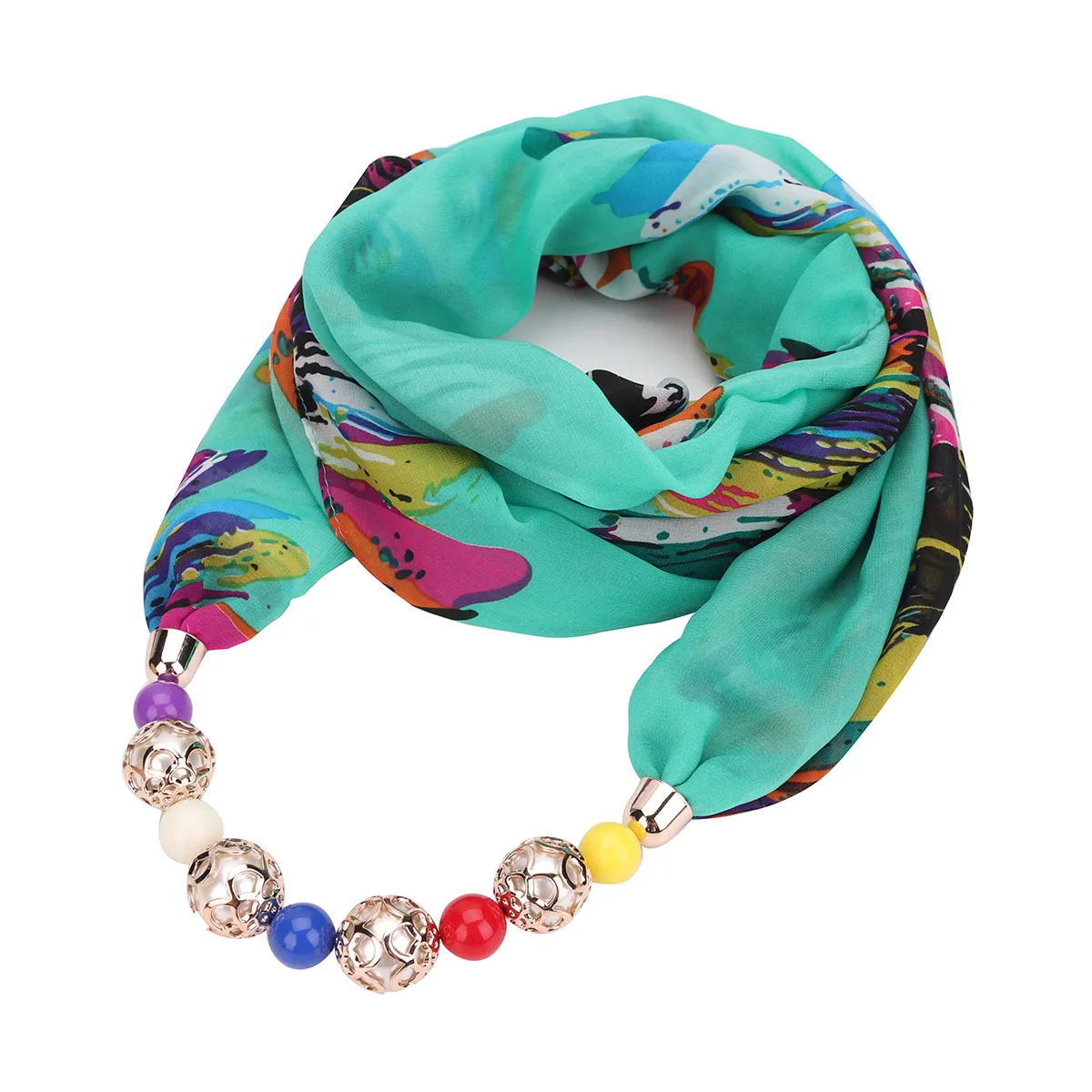 TMF-8R062   Fashionable flower and leaf pattern chiffon scarf for women, luxurious pearl pendant scarf necklace