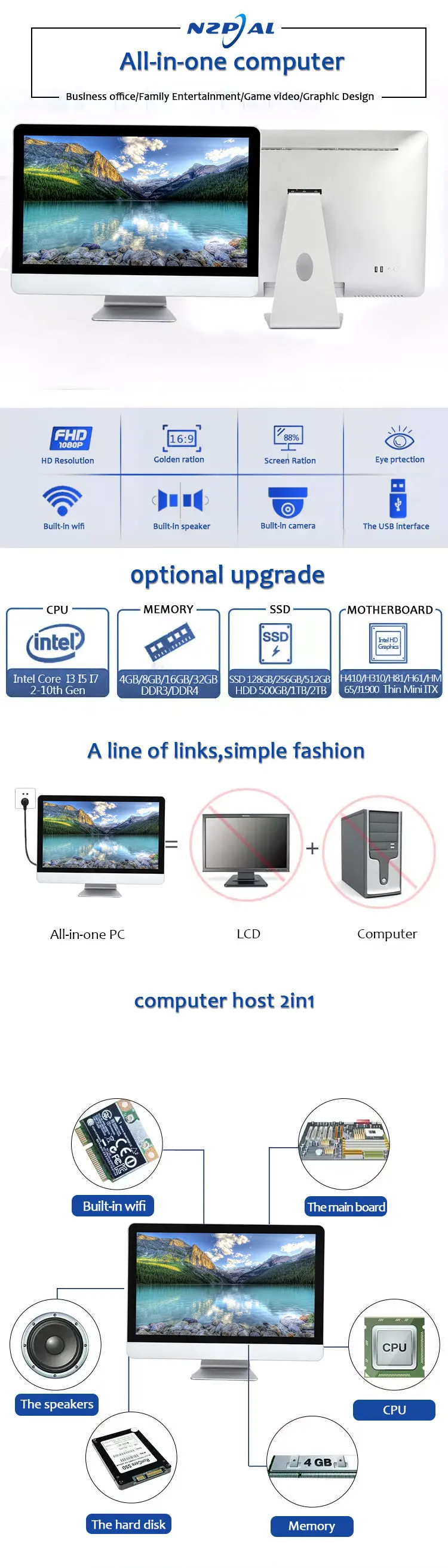 19 22 inches touch screen desktop aio computer all-in-one all in one computer for office