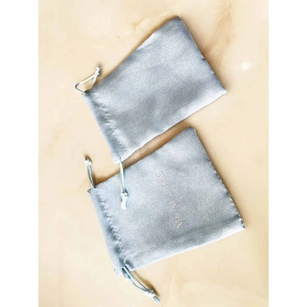 Custom Logo light blue Velvet Suede Jewelry Bag Gift Packaging Drawstring Pouch with silver printing