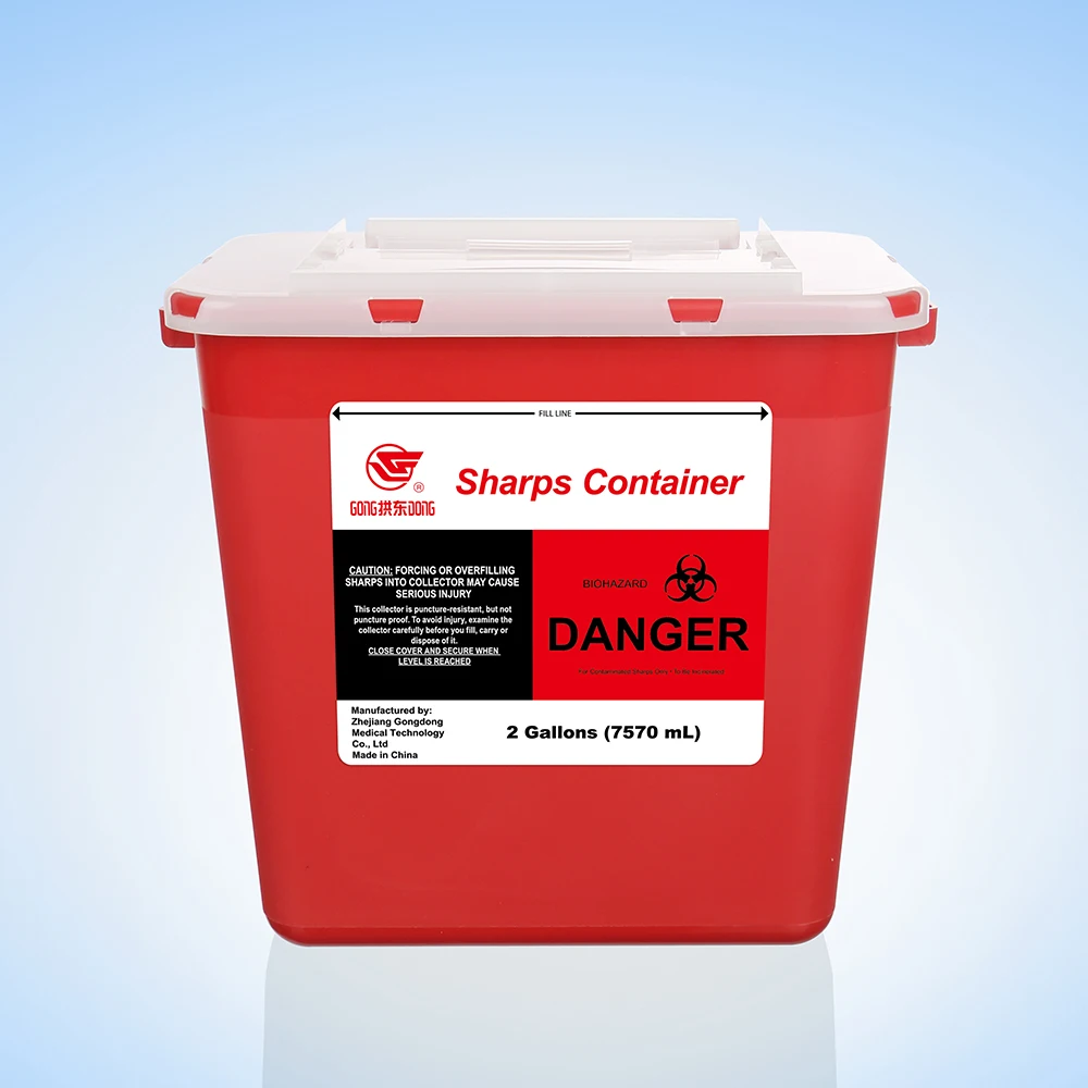Medical square logo large 2 gal red disposable sharps waste container pp
