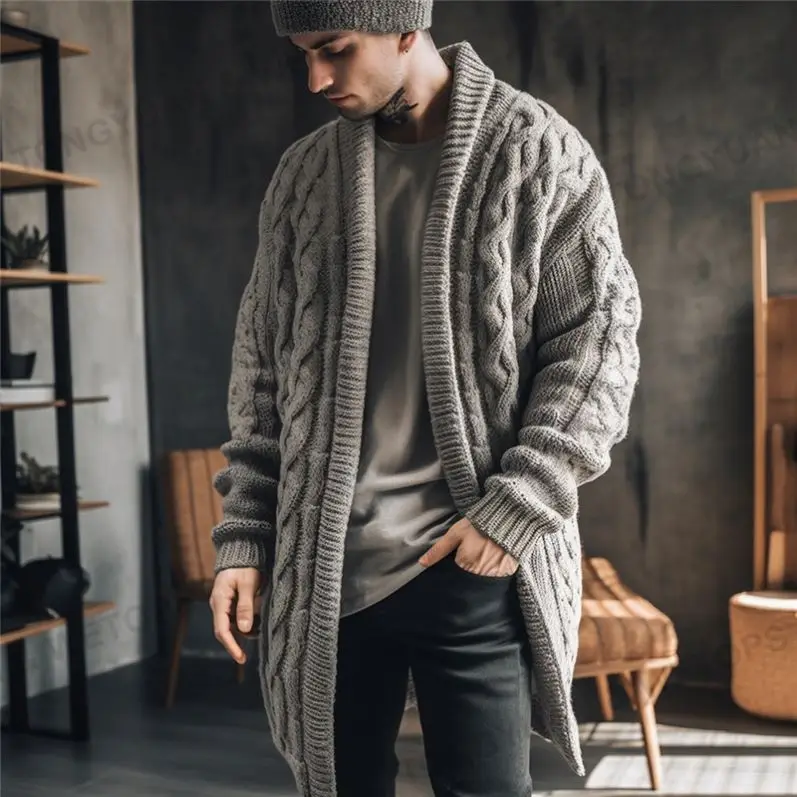2025 Мужская модная топ продаж шаль воротник толстый трикотаж куртка длинный кардиган мужские свитера