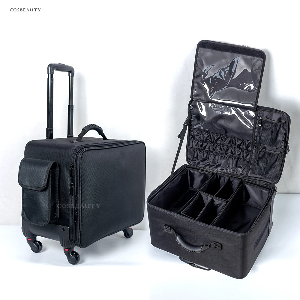 FAMA factory Portable rolling nylon makeup storage trolley cosmetic case with adjustable partition tray and storage bag