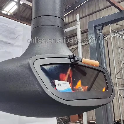 Factory directly sell wood burner fireplace indoor suspended floating rotating decorative steel fire place with glass door