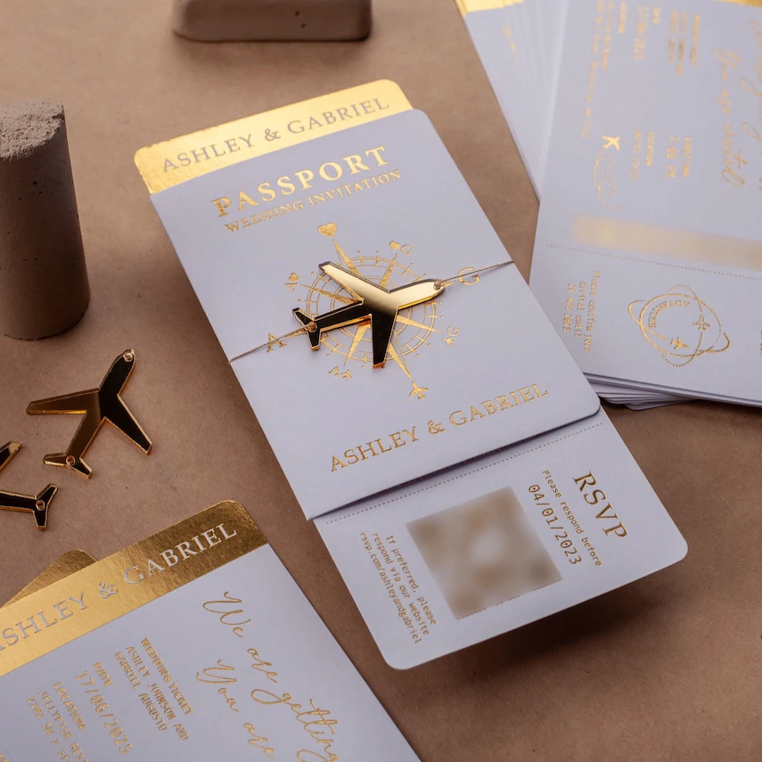 Passport Destination Wedding Invitation In White With Gold Foil Boarding Pass Mirror Acrylic Airplane Tags