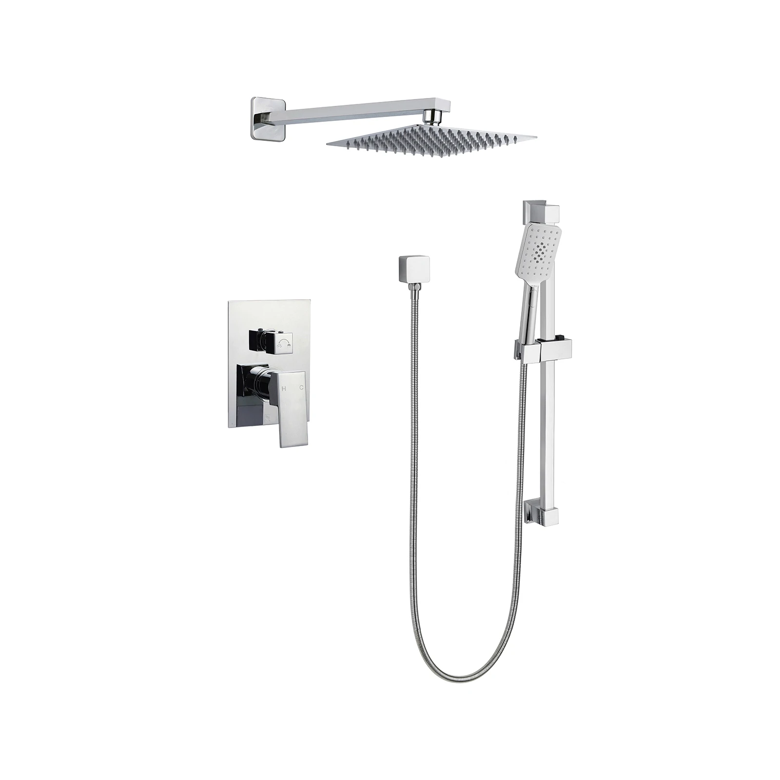 Shower System 12 Inch Rain High Pressure Shower Head Hand Held Square Head and Handheld Slide Bar Shower Faucets Sets