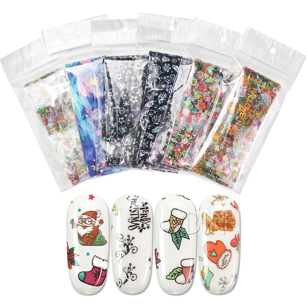 BIN 10 Pc Halloween Christmas Nail Foil Set Transfer Sticker Decorations 4*100cm Mix Designs Manicure Nail Art designs