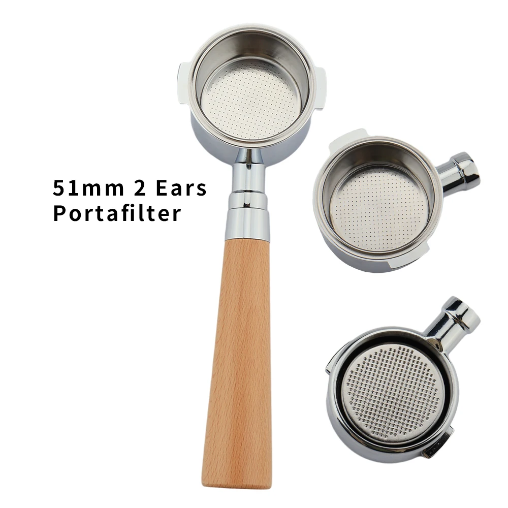 51mm 2 Ears Portafilter Beech wood Coffee Bottomless Portafilter Espresso Tools for Delonghi