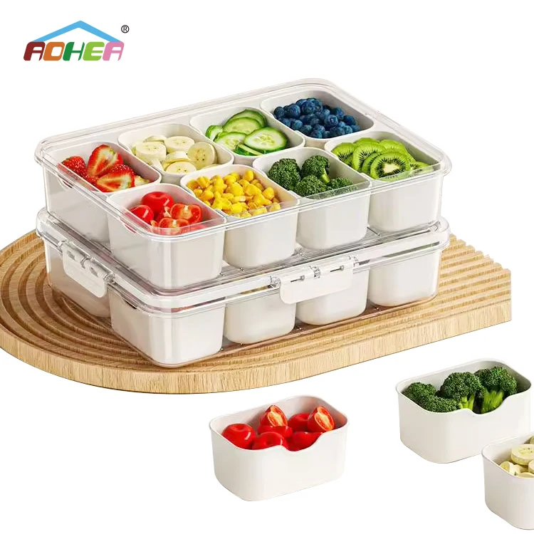 Aohea bpa free 4 8 grid Refrigerator Plastic Compartment Drain Fresh-Keeping Box Portable Four Compartment Multiple Food Storage