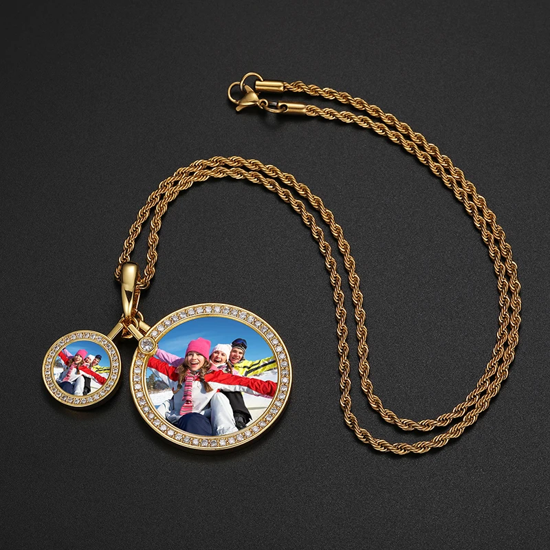 Fancy Design Iced Out Size Circle Picture Pendant Lovers Gift Memorial Photo Frame Pendant Necklace