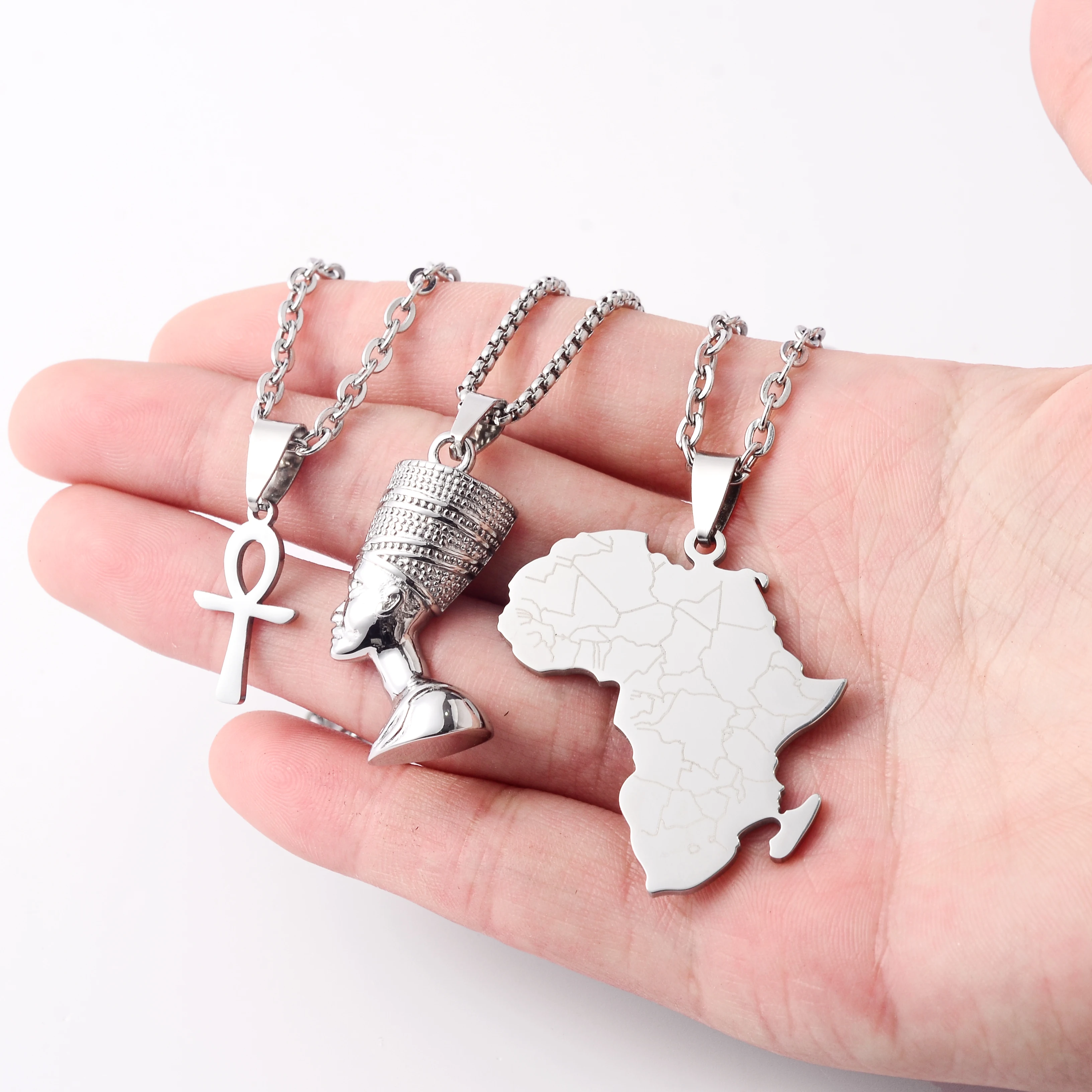 Hot Selling Waterproof Non Tarnish Jewelry Stainless Steel 18k Gold Plated Egyptian Queen Nefertiti Ankh Africa Map Necklace Set