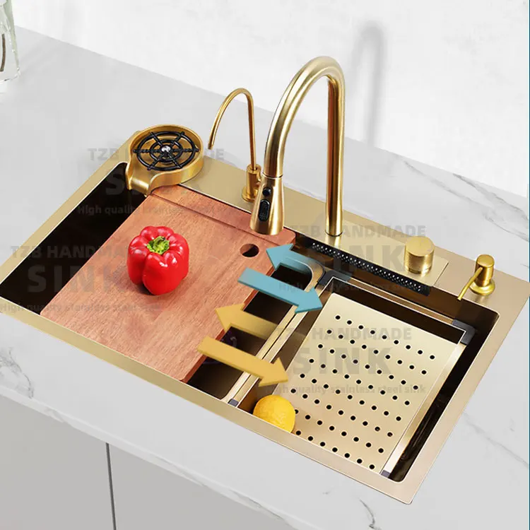 7546 Kitchen WorkStation Gold Washing Basin Modern Multifunctional Handmade Stainless Steel Sink Waterfall Smart Faucet Sinks