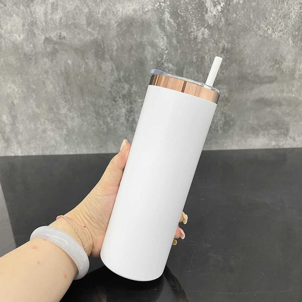 mirror copper plated 20oz powder coated stainless steel straight skinny tumblers with slide lid and straw for laser engraving