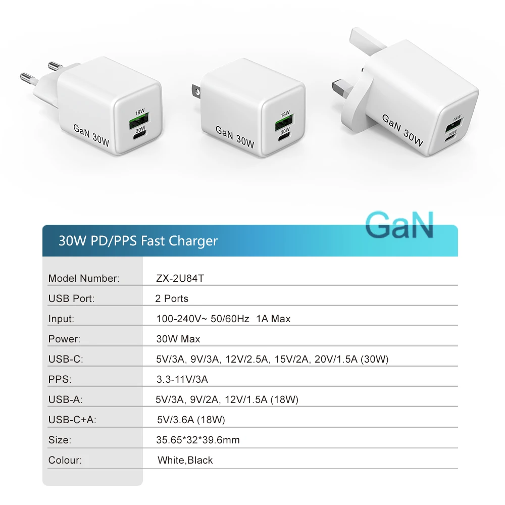 2024 Customized Logo PD QC GaN Type C PD Fast Charger EU Plug 30W USB-C Travel Adapter with CE EAC