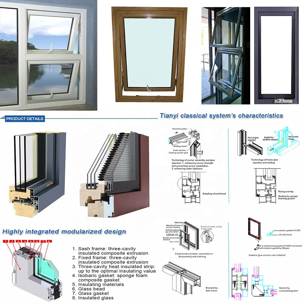 Red color Aluminum profile double pane tempered glass outswing awning window