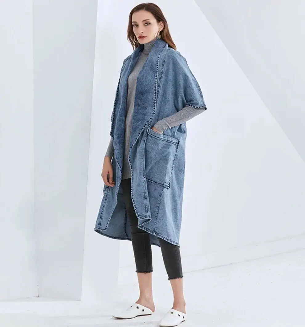 Custom new windbreaker fashionable denim patchwork jacket plus size windbreaker long coat denim jacket