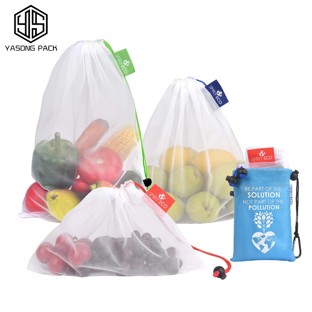 Factory Custom OEM Reusable Nylon Polyester Net Mesh Produce Bag With Drawstring for Food and fruit vegetable