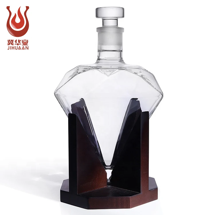 
Hot selling hand blown bottle with wooden holder and lid process modeling glass white bottle vodka bottle 