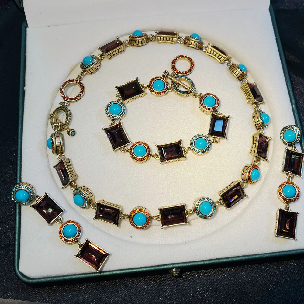 French Style Bracelet Vintage Gold Plated Necklace Boho Turquoise Jewelry Set Antique