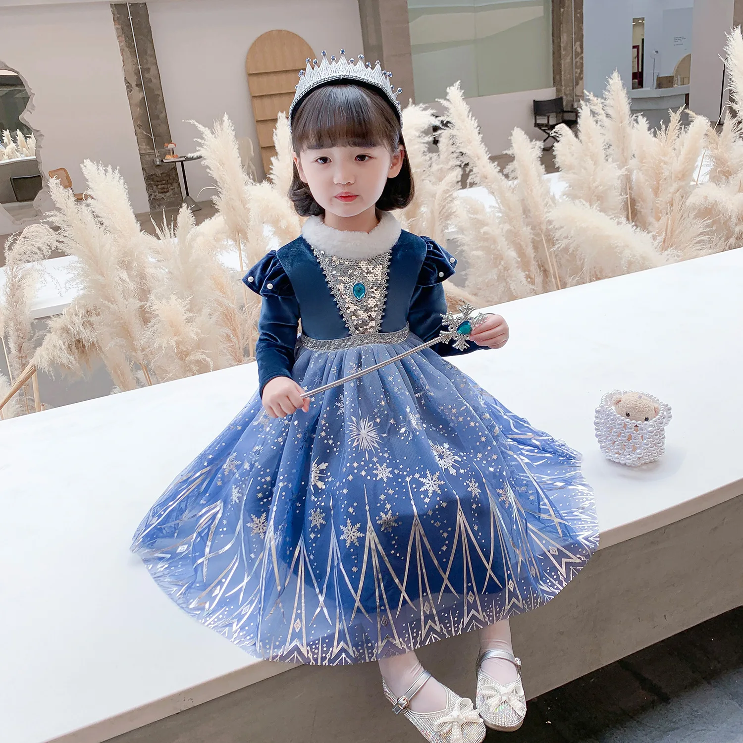Baige Good Quality Velvet Sleeves Elsa Anna 2 Princess Dress Girls Party Dress With Removable cloak Movie characters For Winter